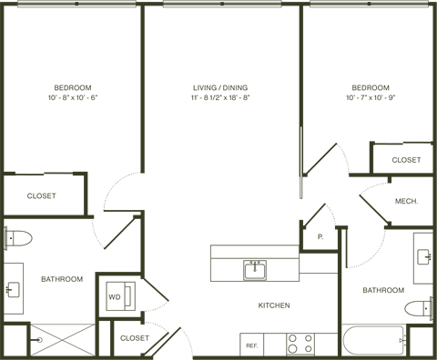 Floor plan for 2 beds, 2 baths, 977 sqft